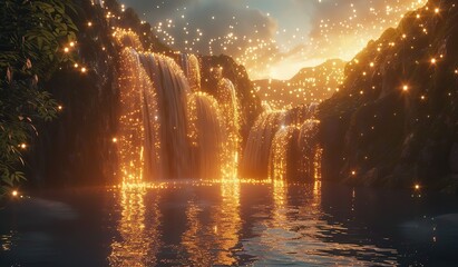 Waterfall with glowing particles in a magical forest. The concept of magic and the purity of nature.