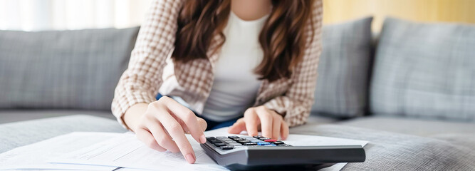 Tax day coming concept. Hands of an working accountant using a calculator. Documents, charts around in the top of a wooden office desk. - 739251315