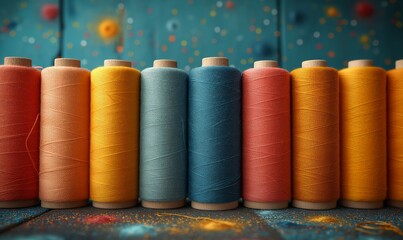 Creative background from spools of multi-colored threads.