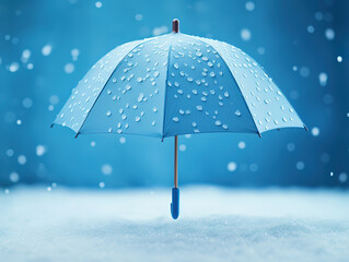 Blue umbrella and coffee with snow on blue background representing Blue Monday