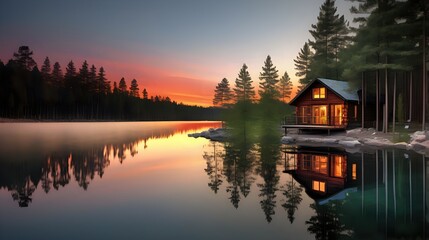 A serene lakeside cabin nestled among tall pine trees, with the tranquil waters reflecting the colors of the sunset.