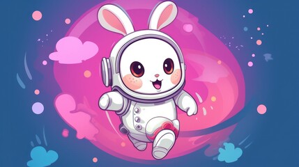 Obraz na płótnie Canvas Cartoon illustration of a cute rabbit bunny astronaut surfing in space, science themed fun for kids.