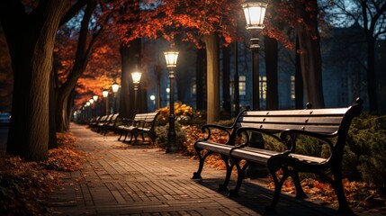 Fototapeta na wymiar Nighttime in an urban park in autumn, street lamps casting a soft glow on the colorful leaves, empty benches, peaceful and contemplative, Photography,