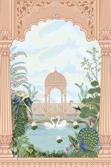 Mughal garden with lake, arch, peacock, swan, parrot, palace and temple landscape illustration