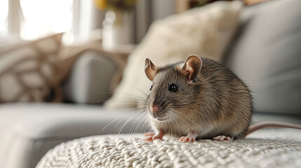 A wild mouse on the sofa in the apartment, rodent pest concept