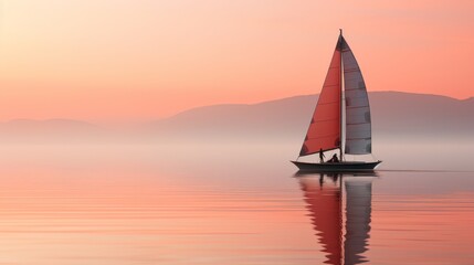 Windsurfing at sunrise, calm sea with soft pastel colors in the sky, reflection of the first light on the water, peaceful and serene mood, Photography