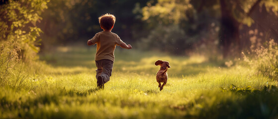 Rear view of a small kid running alongside a cute dachshund dog in a big grassy clearing. Daytime outside in the woods. - 739251943