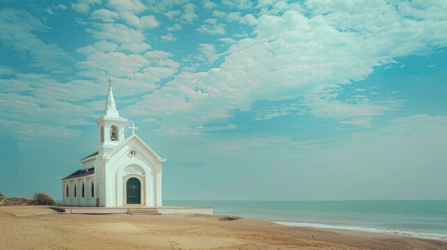 A white church on the beach of Aranya, Beidaihe, Qinhuangdao, China