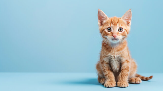 Adorable orange tabby kitten cat with curious face isolated on light blue background with copy space.