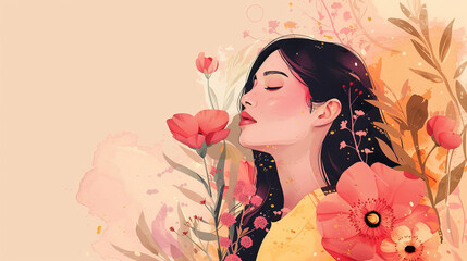 Obraz na płótnie Canvas beautiful background woman in love with romantic flowers background and theme. Mixed grunge colors style illustration.
