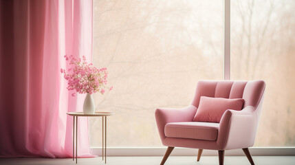 Soft pink armchair and floral arrangement by a large window with flowing curtains
