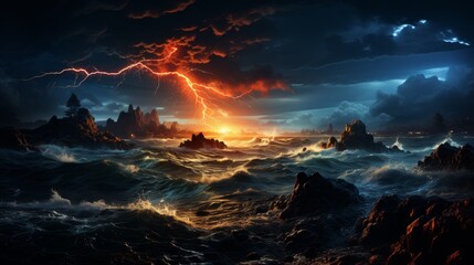 Lightning storm over a rugged coastline, dramatic bolts striking the sea, dark clouds, showcasing the intensity and majesty of thunderstorms, Photorea