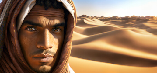 Portrait of a young serious man in traditional Arabic clothes proudly looking into the camera  Sand dunes, hills, desert in the background. - 739252396