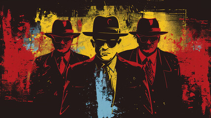 Angry mafia, gangster, thug, villain, bandit, hoodlum in mixed grunge colors style illustration. - obrazy, fototapety, plakaty