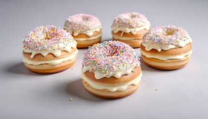 Obraz na płótnie Canvas Donuts with white chocolate cream and sprinkles sugar on top