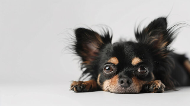 The studio portrait of bored dog Chihuahua lying isolated on white background with copy space for text.