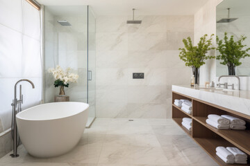 Fototapeta na wymiar Interior of a modern bathroom adorned with marble tiles, a freestanding bathtub