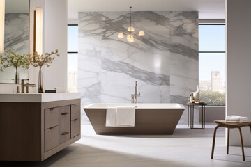 Interior of a modern bathroom adorned with marble tiles, a freestanding bathtub - 739252909