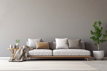 Interior of a living room with sofa, houseplant and gray empty wall background for mock up