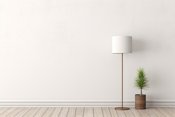 Interior of a minimalist style living room with floor lamp, houseplant and white empty wall background for montage, mock up - 739252934