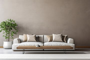 Interior of a living room with sofa, houseplant and gray empty wall background for mock up - 739252940