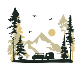 silhouette of a car with a trailer in the mountains vector.