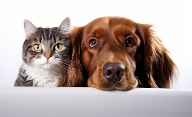 Close up view of a cute cat and dog next to each other, on a white background. Friendship concept - 739252957