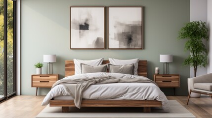 Minimalist bedroom with a monochromatic color scheme, clean lines, artwork on the walls, focusing on simplicity and style in bedroom design, Photoreal