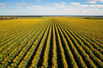 Aerial view of neatly arranged rows of sunflowers - 739252963