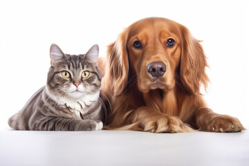 A cute cat and dog next to each other, on a white background. Friendship concept - 739252965