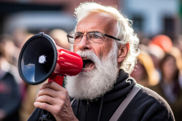An elderly man speaker with a megaphone, addressing a crowd during a meeting - 739252980