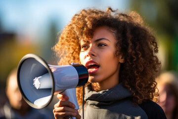 Afro american woman speaker with a megaphone, addressing a crowd during a meeting - 739252988