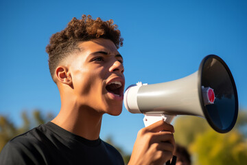 A young man speaker with a megaphone - 739252991
