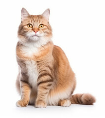 A cute sitting ginger cat, on a white background, a full-length view of the cat - 739252992