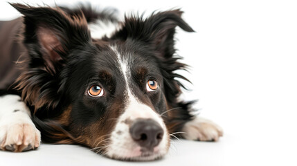 The studio portrait of bored dog border collie lying isolated on white background with copy space for text.