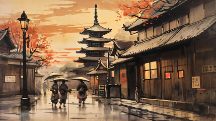Obraz premium Dusk in Sumi-e: A Japanese Street Scene