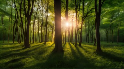 A tranquil forest clearing with the sun setting behind a canopy of trees, casting dappled light. - obrazy, fototapety, plakaty