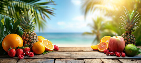 Fruits on the table on the tropical beach background, summer travel concept