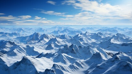 Fototapeta na wymiar Snow-covered mountain range from the air, showcasing the majesty and isolation of the terrain, Photorealistic, aerial mountain photography, 85mm lens,