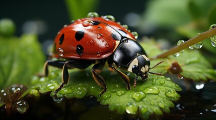 Macro shot of a ladybug on a green leaf, vivid red against the lush green, capturing the delicate balance of nature, Photography, high-resolution macr