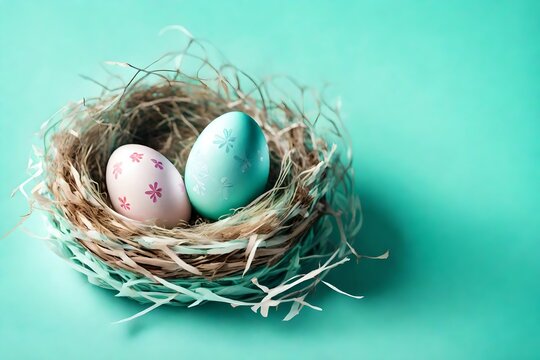 Delightful image of a pastel-colored Easter egg in a nest on the side, against a soft turquoise background with a nest in aqua shades, providing a clear and flat surface for your celebratory message.