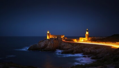 Fototapeta na wymiar Lighthouse glowing at dark night on coast Spain