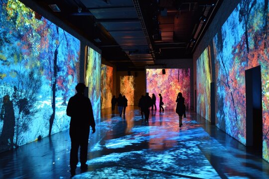 Digital projection mapping transforming the gallery space, creating an immersive environment where artworks come to life through light and motion
