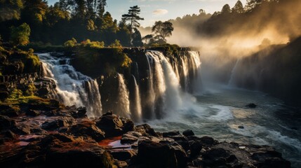 Vibrant rainbow arching over a cascading waterfall, lush greenery surrounding, mist in the air, showcasing the harmony and color of natural spectacles - obrazy, fototapety, plakaty