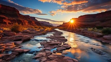 Grand Canyon at sunset, vast colorful rock formations, layers visible, symbolizing the grandeur and history of geological wonders, Photorealistic, Gra