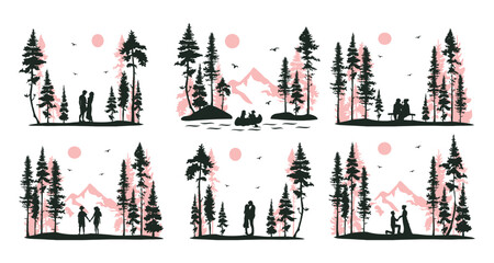 collection of lovers in the forest vector silhouette