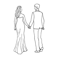 man and a woman walk together holding hands, look at each other and go into the sunset. hand drawn illustration bride and groom walking holding hands, view from the back