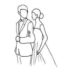 man and woman walk together, the woman holds the man's hand, he looks at her. hand drawn illustration newlyweds
