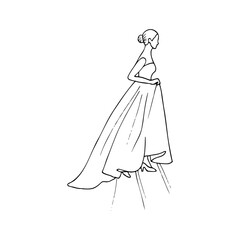 woman in a long dress with a bun on her head climbs the stairs, lifting her hem. hand drawn illustration of a woman in profile