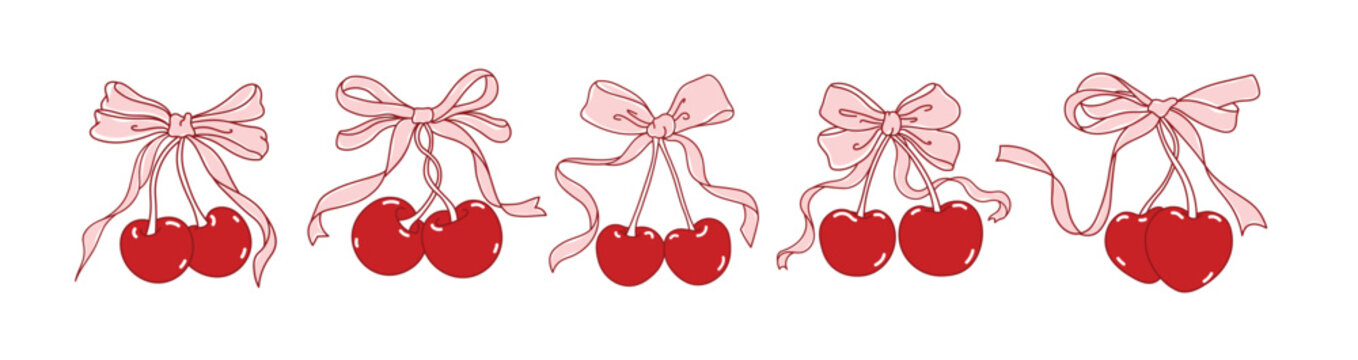 Cherry and bow coquette vector, hand drawn red cherry set